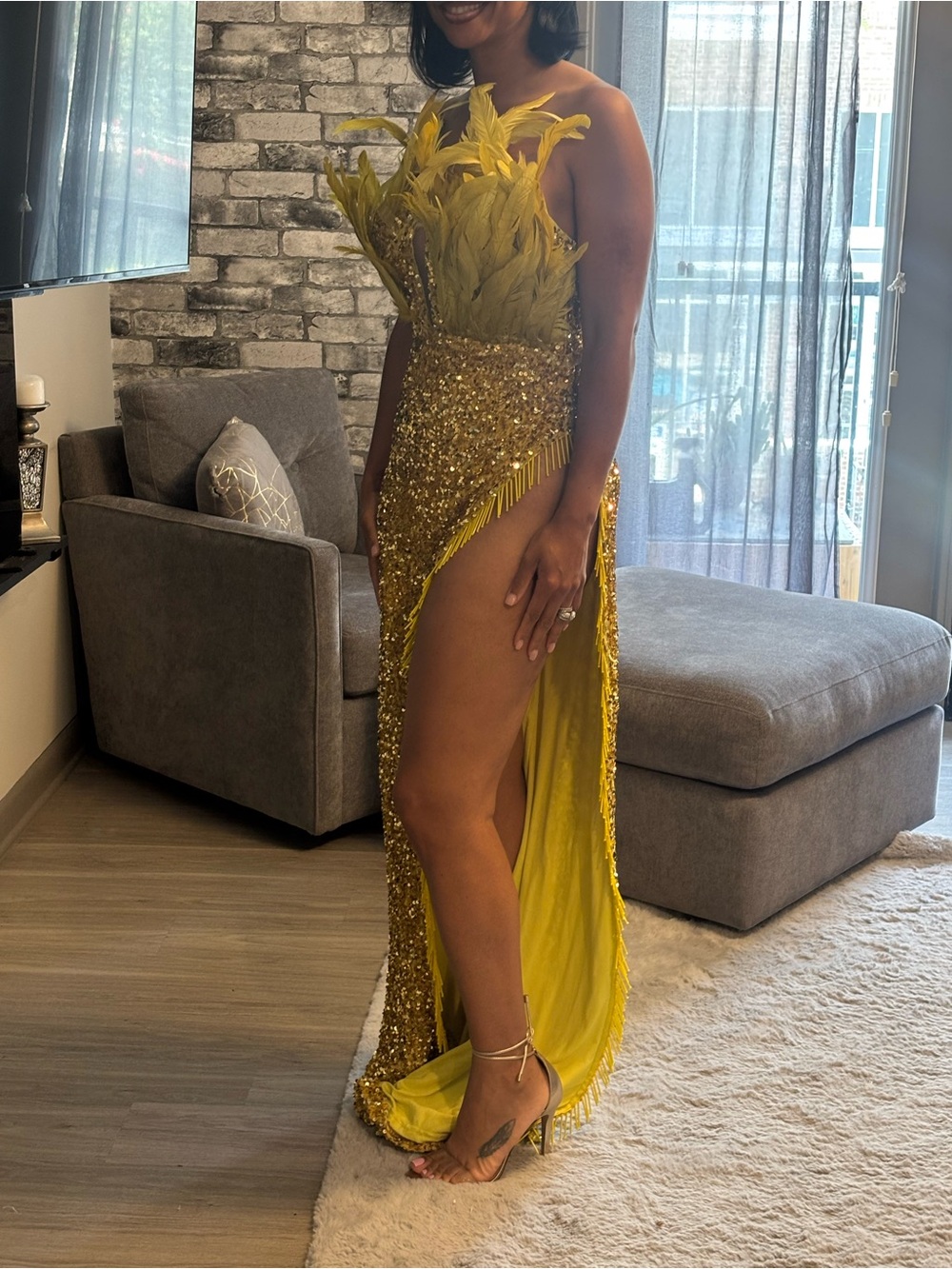 Fashion Nova Yellow Feathered Sequin Maxi Dress - Picture 3 of 6